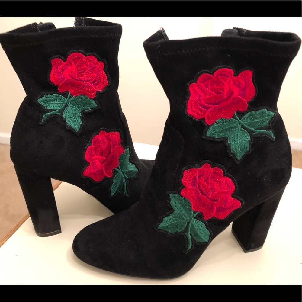 Steve Madden Black Heeled Boots with Red Rose Embroidery